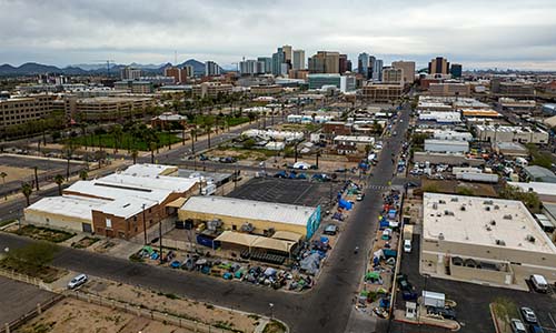 Homeless area next to buildings in Phoenix, AZ