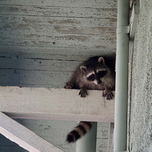 raccoon on a beam under an eave